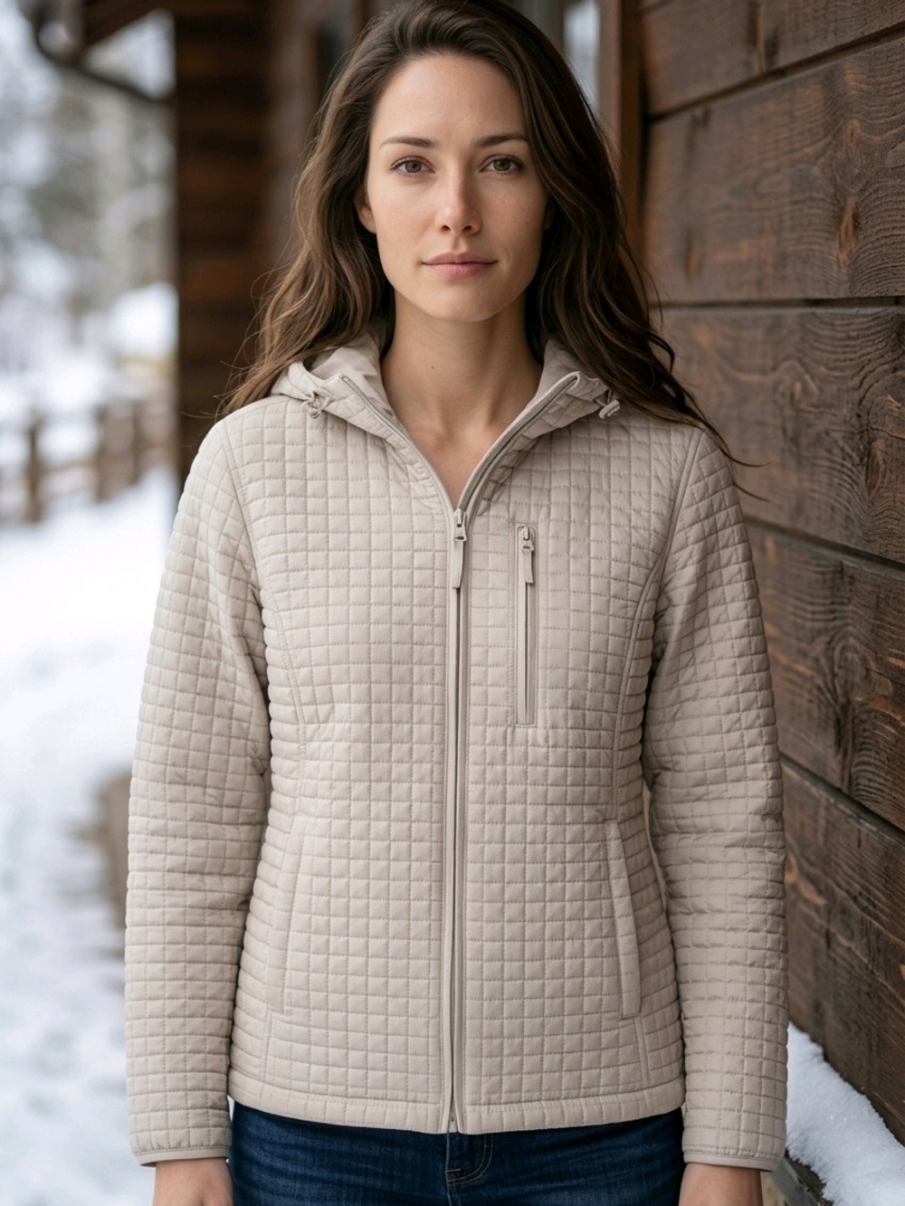 Lands' End Women's Quilted Hooded Puffer Jacket in Light Taupe